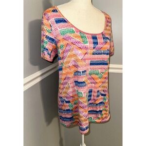 LulaRoe Top Womens L Multicolor Scoop Neck Short Sleeve Aztec Geometric Abstract